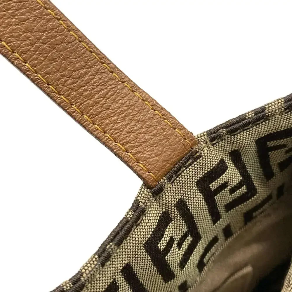 Fendi Zucchino Tote Bag 8BH170 Dark Brown Beige Brown Jacquard Leather Women's
